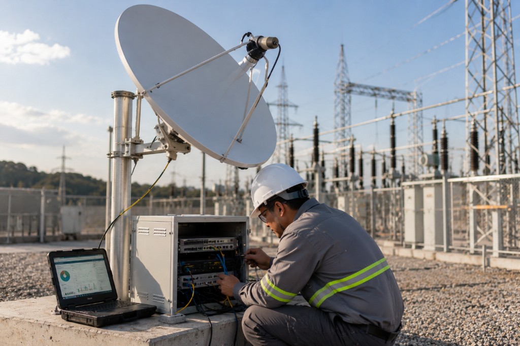 Técnico em subestação com equipamento de monitoramento remoto via satélite
